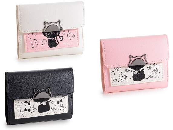 Pretty Cat leatherette wallet with button closure
